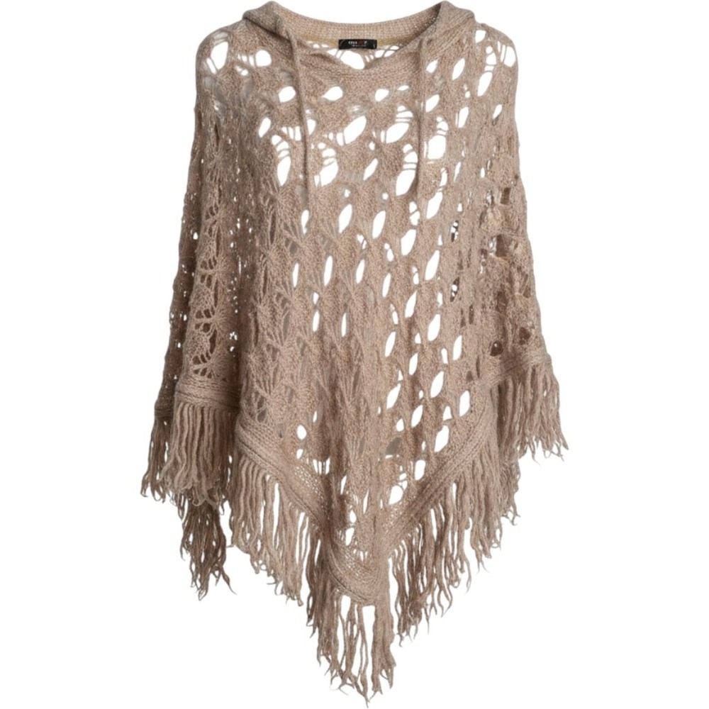 One Girl Who Hooded Crochet Knit Poncho Tan Beige Fringe Boho Wrap Cape L